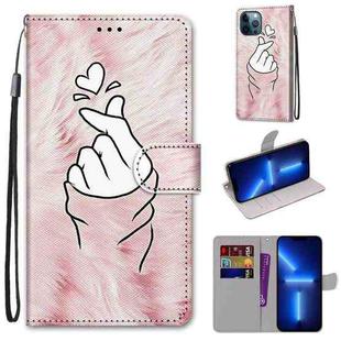 For iPhone 13 Pro Coloured Drawing Cross Texture Horizontal Flip PU Leather Case with Holder & Card Slots & Wallet & Lanyard (Pink Hands Heart)