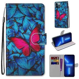 For iPhone 13 Pro Coloured Drawing Cross Texture Horizontal Flip PU Leather Case with Holder & Card Slots & Wallet & Lanyard (Blue Red Butterfly)