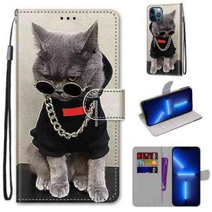 For iPhone 13 Pro Max Coloured Drawing Cross Texture Horizontal Flip PU Leather Case with Holder & Card Slots & Wallet & Lanyard (B09 Golden Chain Grey Cat)