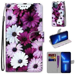 For iPhone 13 Pro Max Coloured Drawing Cross Texture Horizontal Flip PU Leather Case with Holder & Card Slots & Wallet & Lanyard (Chrysanthemum Pink White Purple)