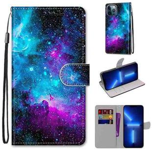 For iPhone 13 Pro Max Coloured Drawing Cross Texture Horizontal Flip PU Leather Case with Holder & Card Slots & Wallet & Lanyard (Purple Green Starry Sky)