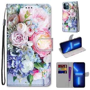 For iPhone 13 Pro Max Coloured Drawing Cross Texture Horizontal Flip PU Leather Case with Holder & Card Slots & Wallet & Lanyard (Light Pink Bouquet)