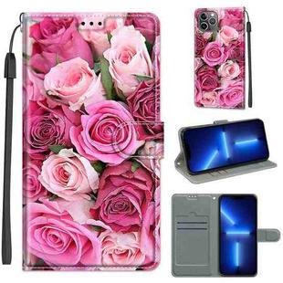 For iPhone 13 Pro Voltage Colored Drawing Magnetic Clasp Horizontal Flip PU Leather Case with Holder & Card Slots (C17 Green Leaf Pink Rose)