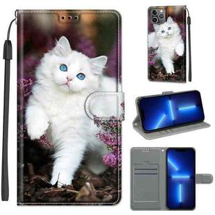 For iPhone 13 Pro Max Voltage Colored Drawing Magnetic Clasp Horizontal Flip PU Leather Case with Holder & Card Slots (C08 Flower Bush Big White Cat)