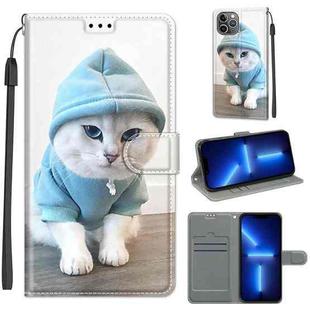 For iPhone 13 Pro Max Voltage Colored Drawing Magnetic Clasp Horizontal Flip PU Leather Case with Holder & Card Slots (C15 Blue Sweater White Cat)