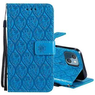 For iPhone 13 mini Pressed Printing Rattan Flower Pattern Horizontal Flip PU Leather Case with Holder & Card Slots & Wallet & Photo Frame (Blue)
