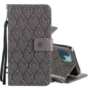 For iPhone 13 mini Pressed Printing Rattan Flower Pattern Horizontal Flip PU Leather Case with Holder & Card Slots & Wallet & Photo Frame (Grey)