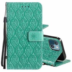 For iPhone 13 Pressed Printing Rattan Flower Pattern Horizontal Flip PU Leather Case with Holder & Card Slots & Wallet & Photo Frame(Green)