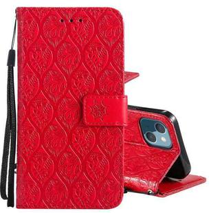 For iPhone 13 Pressed Printing Rattan Flower Pattern Horizontal Flip PU Leather Case with Holder & Card Slots & Wallet & Photo Frame(Red)