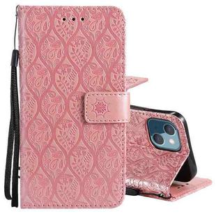For iPhone 13 Pressed Printing Rattan Flower Pattern Horizontal Flip PU Leather Case with Holder & Card Slots & Wallet & Photo Frame(Rose Gold)