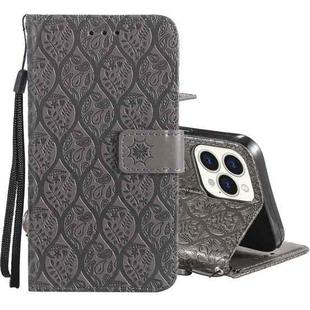 For iPhone 13 Pro Pressed Printing Rattan Flower Pattern Horizontal Flip PU Leather Case with Holder & Card Slots & Wallet & Photo Frame (Grey)