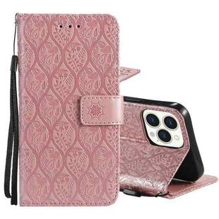 For iPhone 13 Pro Pressed Printing Rattan Flower Pattern Horizontal Flip PU Leather Case with Holder & Card Slots & Wallet & Photo Frame (Rose Gold)