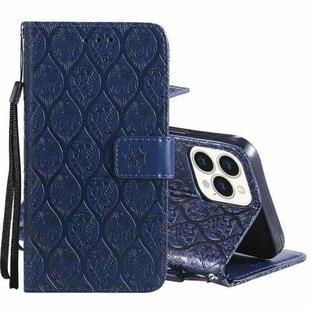 For iPhone 13 Pro Max Pressed Printing Rattan Flower Pattern Horizontal Flip PU Leather Case with Holder & Card Slots & Wallet & Photo Frame (Dark Blue)