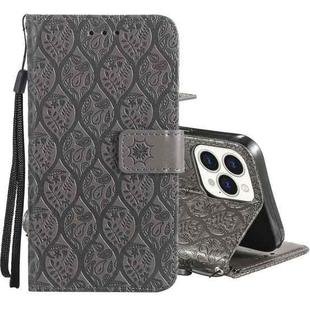 For iPhone 13 Pro Max Pressed Printing Rattan Flower Pattern Horizontal Flip PU Leather Case with Holder & Card Slots & Wallet & Photo Frame (Grey)