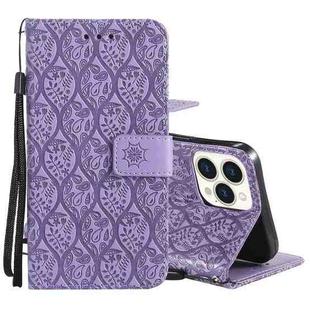 For iPhone 13 Pro Max Pressed Printing Rattan Flower Pattern Horizontal Flip PU Leather Case with Holder & Card Slots & Wallet & Photo Frame (Purple)