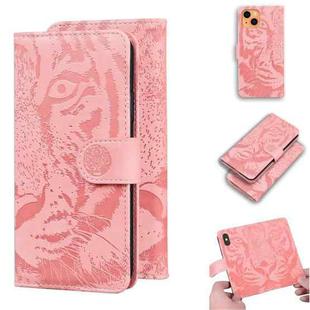 For iPhone 13 Tiger Embossing Pattern Horizontal Flip Leather Case with Holder & Card Slots & Wallet(Pink)