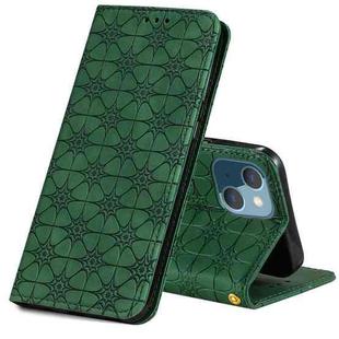 For iPhone 13 Lucky Flowers Embossing Pattern Magnetic Horizontal Flip Leather Case with Holder & Card Slots(Dark Green)