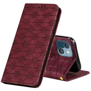 For iPhone 13 Lucky Flowers Embossing Pattern Magnetic Horizontal Flip Leather Case with Holder & Card Slots(Wine Red)
