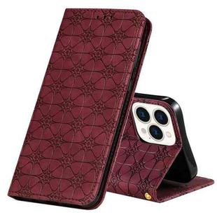 For iPhone 13 Pro Lucky Flowers Embossing Pattern Magnetic Horizontal Flip Leather Case with Holder & Card Slots (Wine Red)