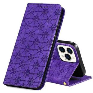 For iPhone 13 Pro Lucky Flowers Embossing Pattern Magnetic Horizontal Flip Leather Case with Holder & Card Slots (Purple)
