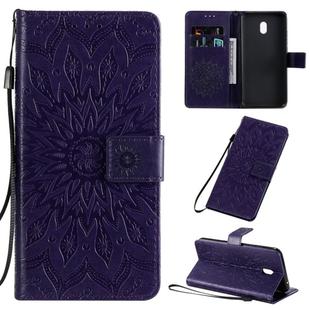 For Xiaomi Redmi 8A Pressed Printing Sunflower Pattern Horizontal Flip PU Leather Case with Holder & Card Slots & Wallet & Lanyard(Purple)