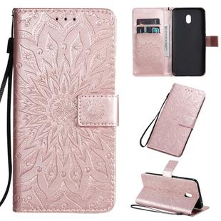 For Xiaomi Redmi 8A Pressed Printing Sunflower Pattern Horizontal Flip PU Leather Case with Holder & Card Slots & Wallet & Lanyard(Rose Gold)