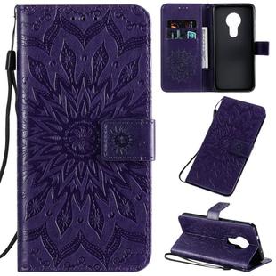 For Nokia 7.2 Pressed Printing Sunflower Pattern Horizontal Flip PU Leather Case with Holder & Card Slots & Wallet & Lanyard(Purple)