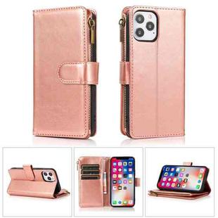 For iPhone 13 Multifunctional Crazy Horse Texture Horizontal Flip Leather Case with 9 Card Slot & Holder & Zipper Wallet & Lanyard(Rose Gold)