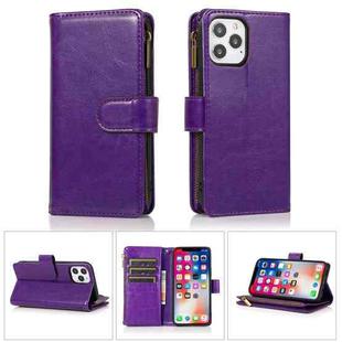 For iPhone 13 Pro Multifunctional Crazy Horse Texture Horizontal Flip Leather Case with 9 Card Slot & Holder & Zipper Wallet & Lanyard (Purple)