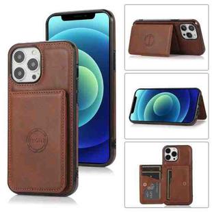 For iPhone 13 Pro Calf Texture Magnetic Card Bag PU Shockproof Case with Holder & Card Slot (Coffee)