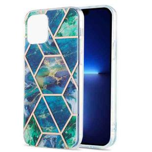 For iPhone 13 Pro Max Electroplating Splicing Marble Flower Pattern Dual-side IMD TPU Shockproof Case (Blue Green)