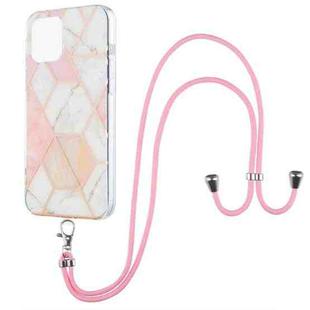For iPhone 13 Electroplating Splicing Marble Pattern Dual-side IMD TPU Shockproof Case with Neck Lanyard(Pink White)