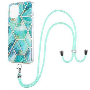 For iPhone 13 Electroplating Splicing Marble Pattern Dual-side IMD TPU Shockproof Case with Neck Lanyard(Blue)