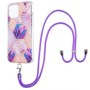 For iPhone 13 Electroplating Splicing Marble Pattern Dual-side IMD TPU Shockproof Case with Neck Lanyard(Light Purple)