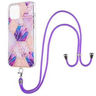 For iPhone 13 Pro Electroplating Splicing Marble Pattern Dual-side IMD TPU Shockproof Case with Neck Lanyard (Light Purple)