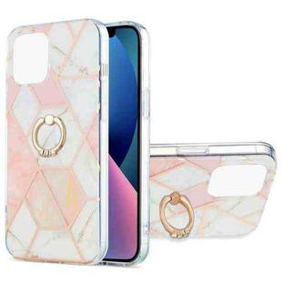 For iPhone 13 mini Electroplating Splicing Marble Pattern Dual-side IMD TPU Shockproof Case with Ring Holder (Pink White)