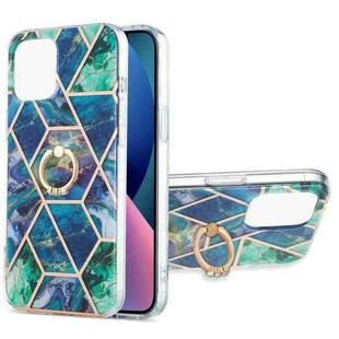 For iPhone 13 mini Electroplating Splicing Marble Pattern Dual-side IMD TPU Shockproof Case with Ring Holder (Blue Green)