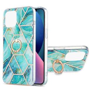For iPhone 13 mini Electroplating Splicing Marble Pattern Dual-side IMD TPU Shockproof Case with Ring Holder (Blue)