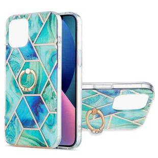 For iPhone 13 mini Electroplating Splicing Marble Pattern Dual-side IMD TPU Shockproof Case with Ring Holder (Green)