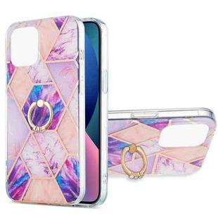 For iPhone 13 mini Electroplating Splicing Marble Pattern Dual-side IMD TPU Shockproof Case with Ring Holder (Light Purple)