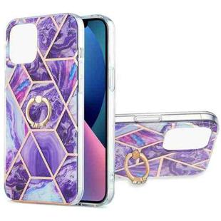 For iPhone 13 mini Electroplating Splicing Marble Pattern Dual-side IMD TPU Shockproof Case with Ring Holder (Dark Purple)