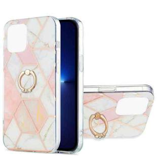 For iPhone 13 Pro Electroplating Splicing Marble Pattern Dual-side IMD TPU Shockproof Case with Ring Holder (Pink White)