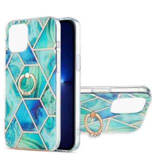 For iPhone 13 Pro Electroplating Splicing Marble Pattern Dual-side IMD TPU Shockproof Case with Ring Holder (Green)