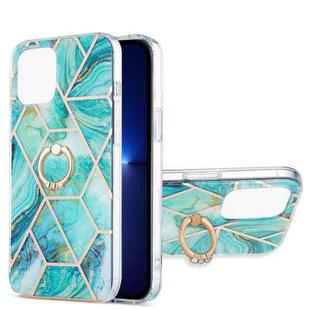 For iPhone 13 Pro Max Electroplating Splicing Marble Pattern Dual-side IMD TPU Shockproof Case with Ring Holder (Blue)