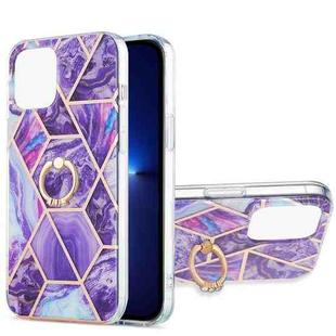 For iPhone 13 Pro Max Electroplating Splicing Marble Pattern Dual-side IMD TPU Shockproof Case with Ring Holder (Dark Purple)