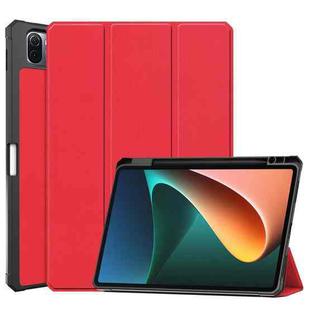 For Xiaomi Pad 5 Custer Pattern Pure Color TPU Smart Tablet Holster with Sleep Function & 3-Fold Holder & Pen Slot(Red)