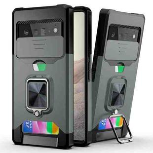 For Google Pixel 6 Pro Sliding Camera Cover Design PC + TPU Shockproof Case with Ring Holder & Card Slot(Dark Green)