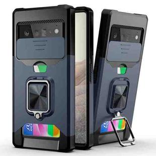 For Google Pixel 6 Pro Sliding Camera Cover Design PC + TPU Shockproof Case with Ring Holder & Card Slot(Blue)