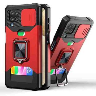 For Samsung Galaxy A12 Sliding Camera Cover Design PC + TPU Shockproof Case with Ring Holder & Card Slot(Red)