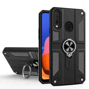 For Samsung Galaxy A20s Carbon Fiber Pattern PC + TPU Protective Case with Ring Holder(Black)